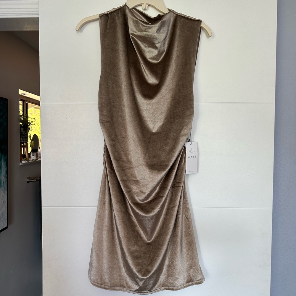 WAYF Women’s Golden Velvet Ruched Straight Neck Mini Dress